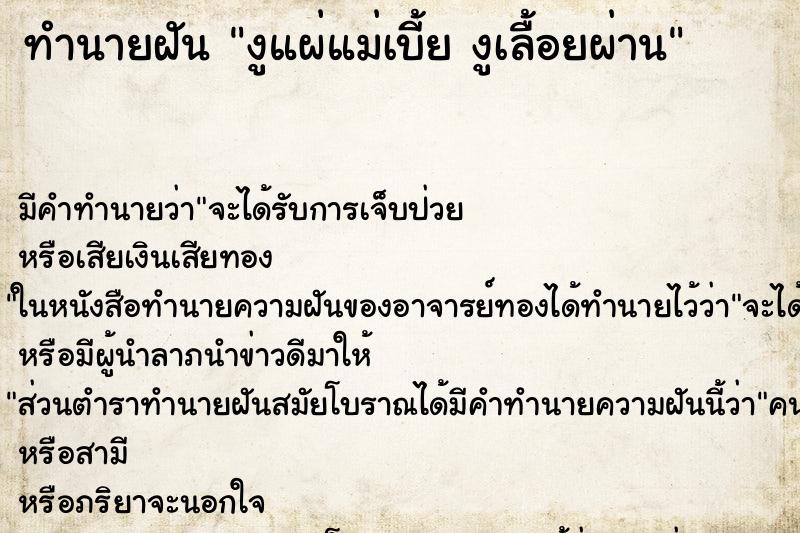 ทำนายฝันงูแผ่แม่เบี้ยงูเลื้อยผ่าน ทำนายฝันทำนายฝันงูแผ่แม่เบี้ยงูเลื้อยผ่าน